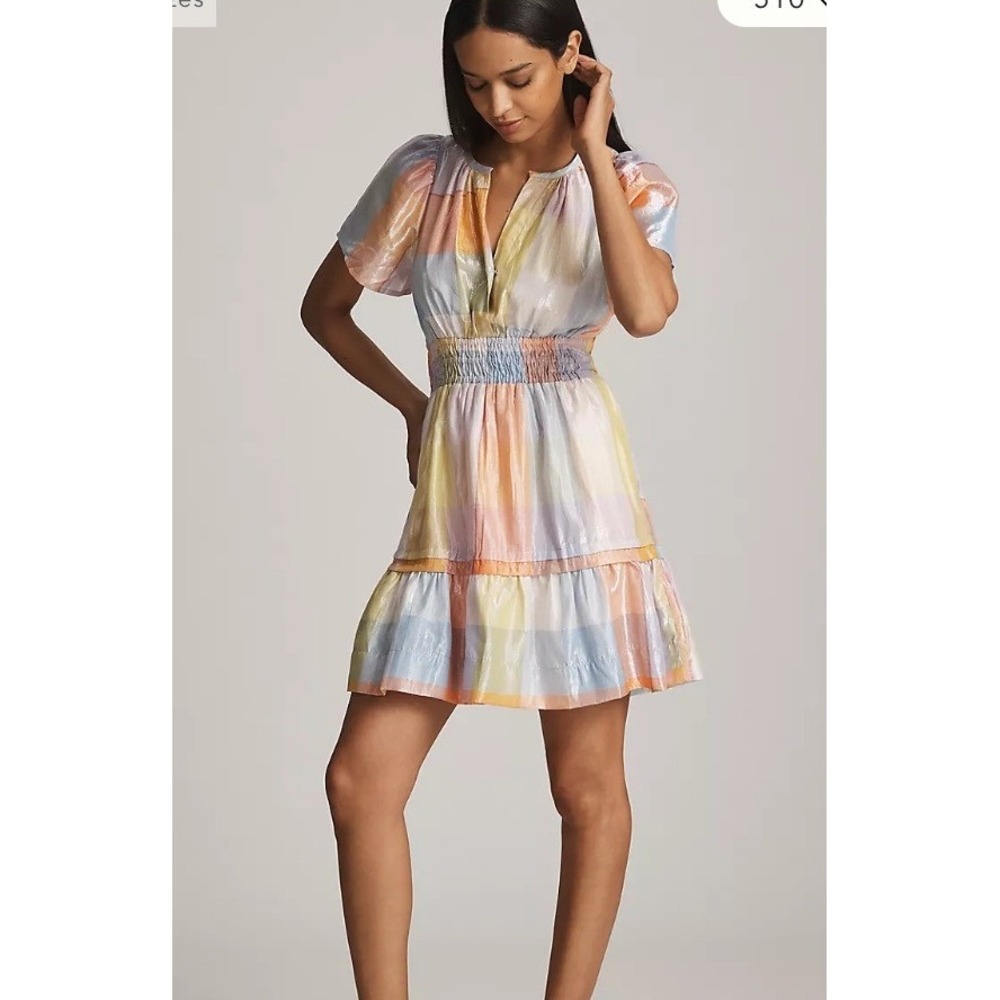 Anthropologie Metallic Sommerset Mini Dress Multi Color Smocked Waist Small